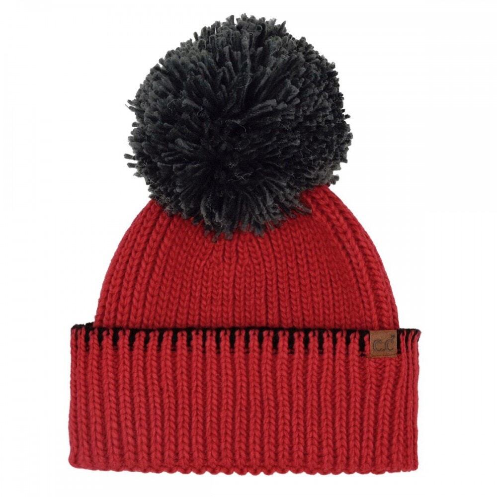 C.C Red Yarn Pom Game Day Team Stitch Point Beanie Hat